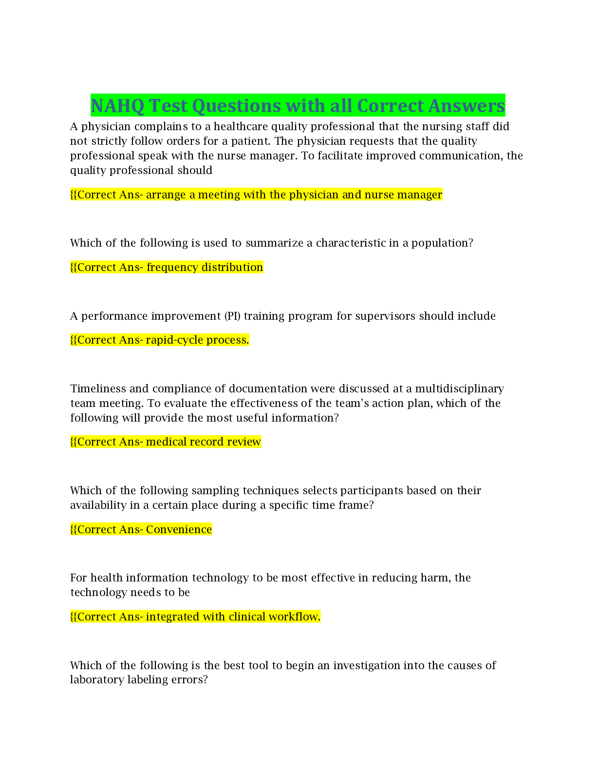 Preview image of NAHQ Test Questions with all Correct Answers document